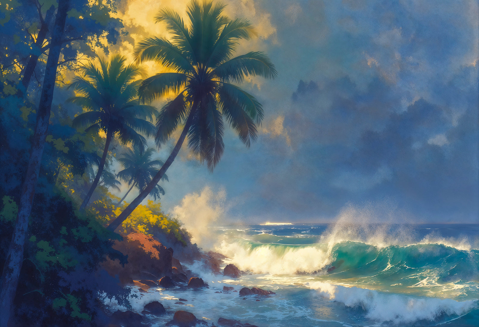 Papier peint Exotique – Plage et palmiers sous ciel d'orage