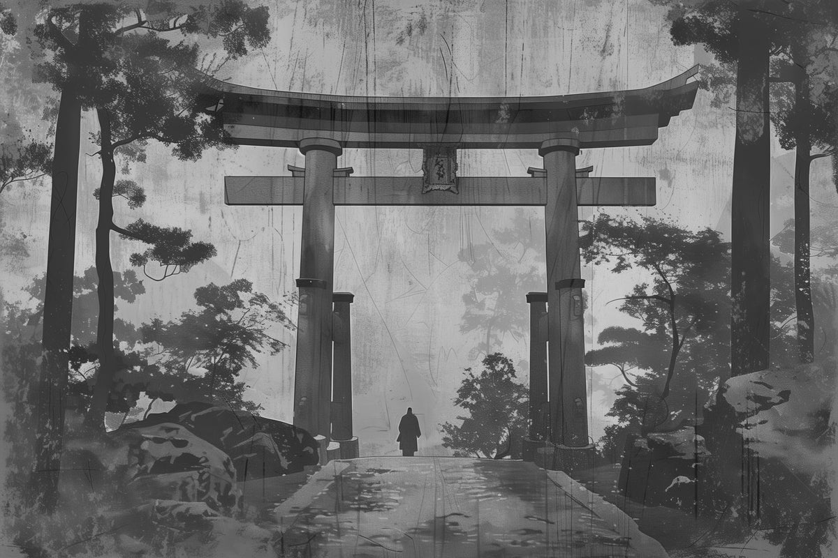 Papier peint japonais - torii dans une forêt en noir et blanc