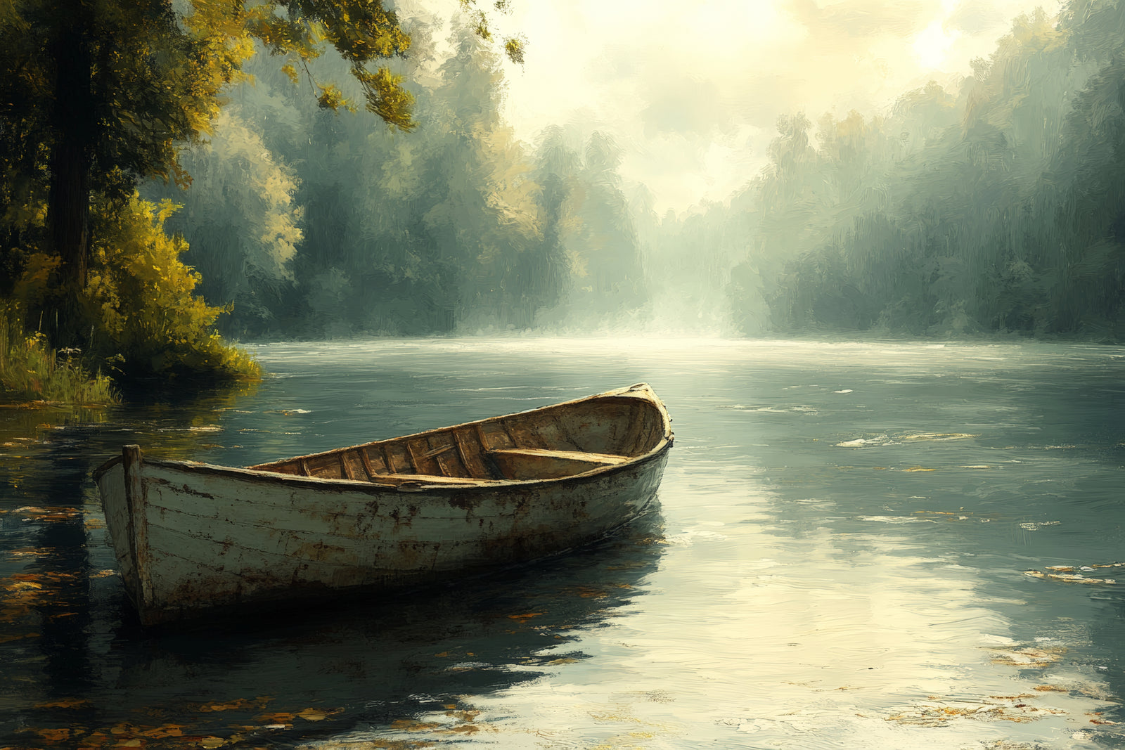 Nature Wallpaper – Wooden Boat on a Misty River