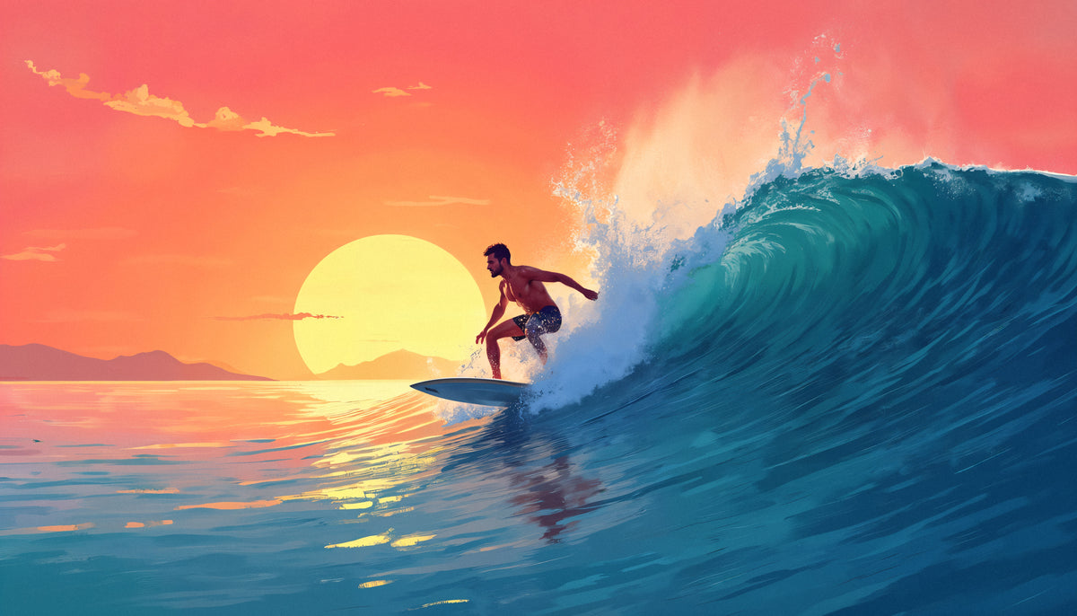 Surf-Tapete - Surfer auf einer Welle bei Sonnenuntergang