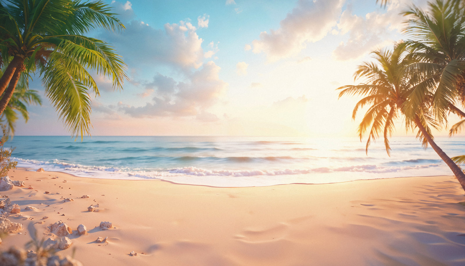 Papier Peint Plage - Aube Sable Blanc & Cocotiers