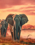 Papier Peint Animaux - Éléphants au coucher du soleil