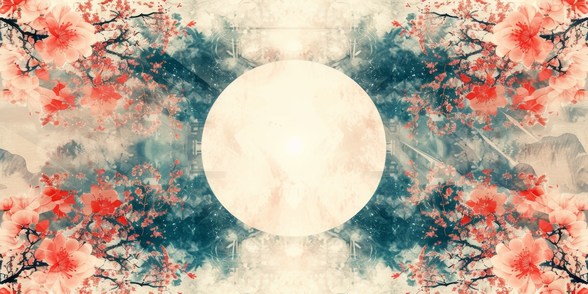 Papier peint nature - pleine lune mystique et fleurs de cerisier rouges