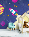 Papier Peint Enfant - Fusée Et Planètes Lointaines