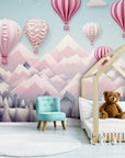 Papier Peint Enfant - Nuages Et Montgolfières Roses