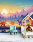 Papier Peint Enfant - Coucher De Soleil Dinosaures
