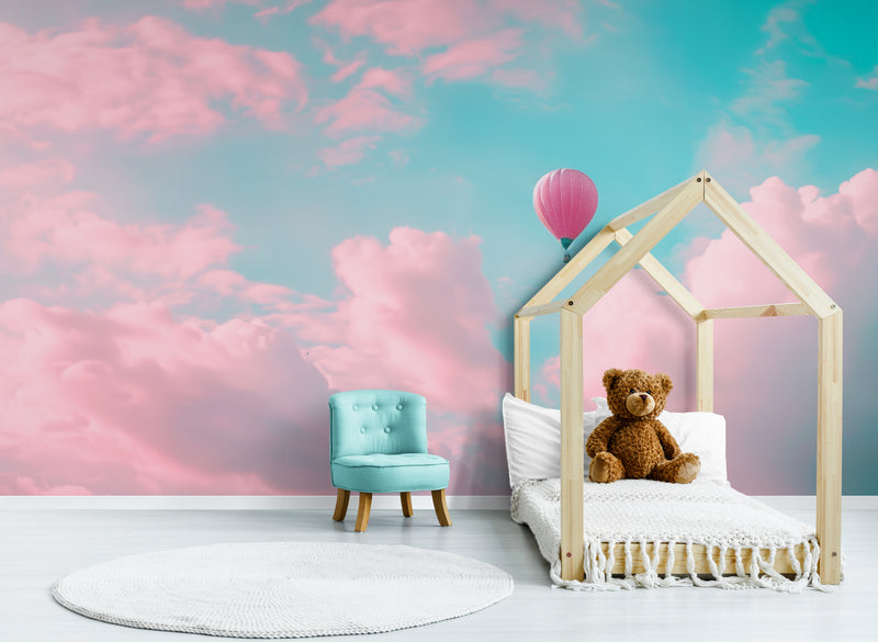 Papier Peint Enfant - Montgolfières Et Ciel Rose