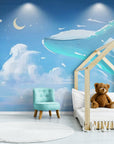 Papier Peint Enfant - Baleine Bleue Dans Les Nuages Nocturnes