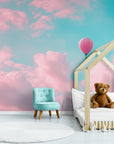 Papier Peint Enfant - Montgolfières Et Ciel Rose