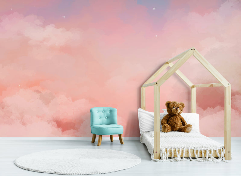 Papier Peint Enfant - Nuages Roses Et Étoiles