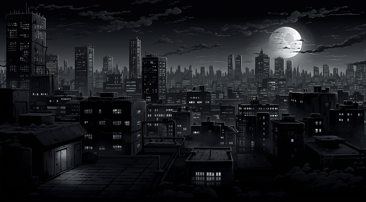 Papel tapiz blanco y negro - Ciudad bajo la luna llena