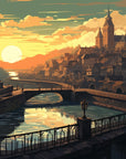 Papier peint Ville – Coucher de soleil sur pont ancien