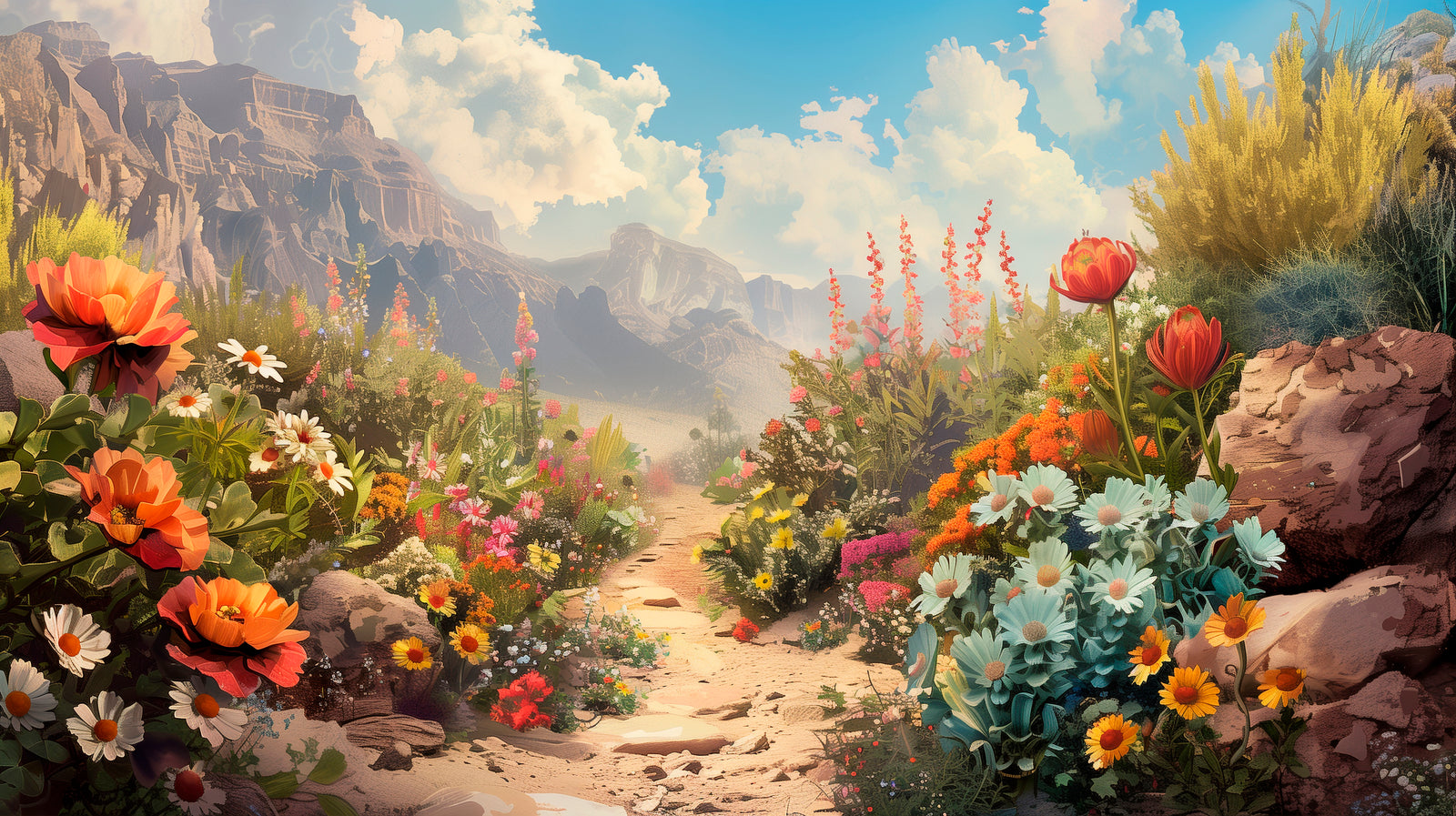 Nature Wallpaper – Mountain Path and Colorful Flowers