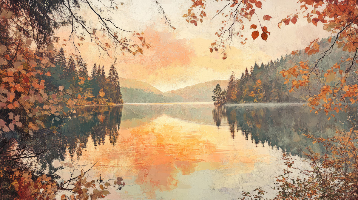 Papier peint paysage - Lac entouré d’arbres aux couleurs d’automne