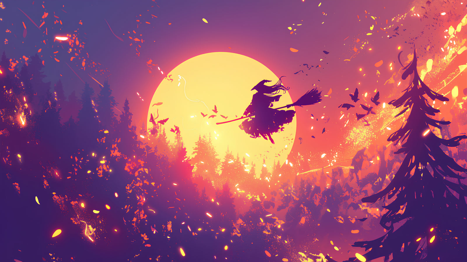 Fantasy Wallpaper – Witch on a broomstick and moon