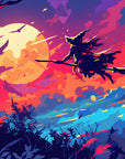 Papier peint Fantaisie – Sorcière volante devant lune colorée