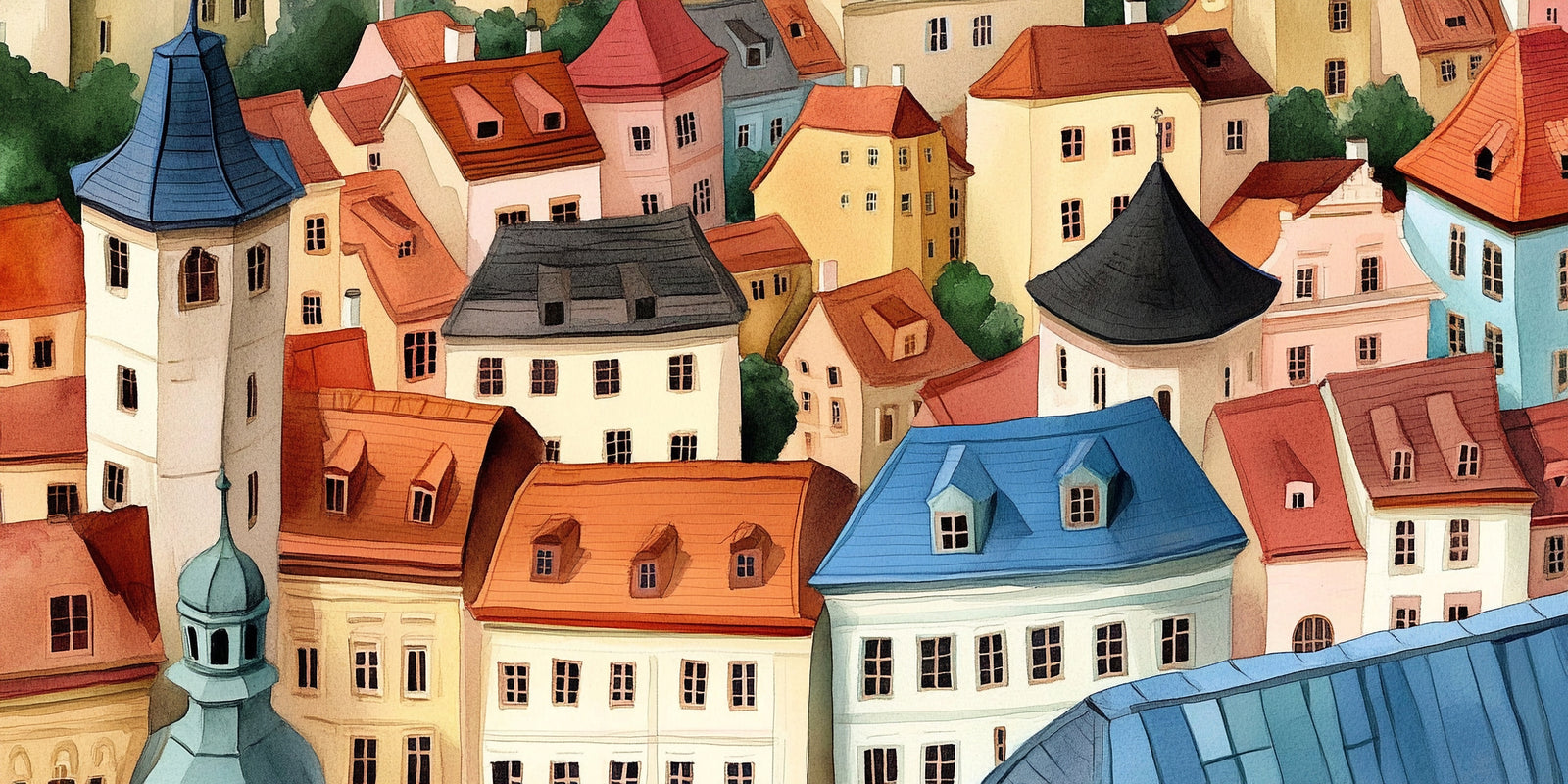Wallpaper Illustration – Colorful Rooftops of a Watercolor City