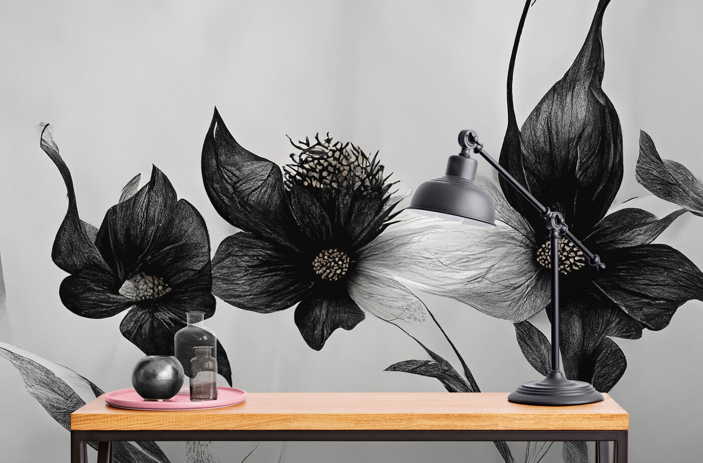 Black and White Wallpaper - Dark Flowers on Light Background
