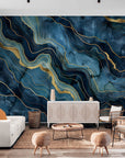 Papier Peint Moderne - Marbre Bleu Et Doré