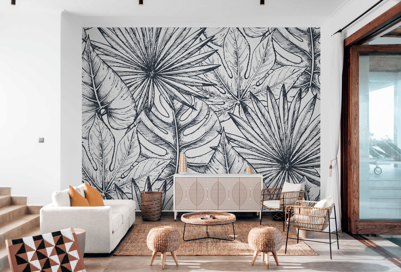 Black and White Wallpaper - Tropical Leaf Sketch