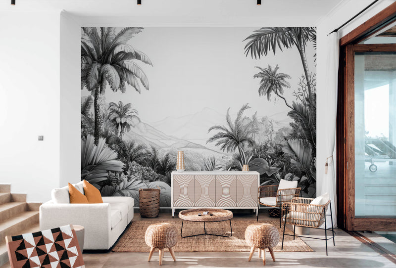 Papier Peint Tropical - Plantes Exotiques Noir Et Blanc