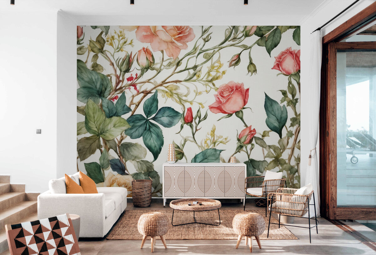 Floral Wallpaper - Delicate Roses on White Background