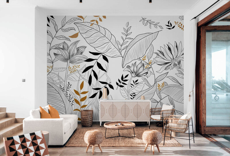 Papier Peint Design - Feuillage Noir Blanc Et Doré