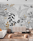 Papier Peint Design - Feuillage Noir Blanc Et Doré