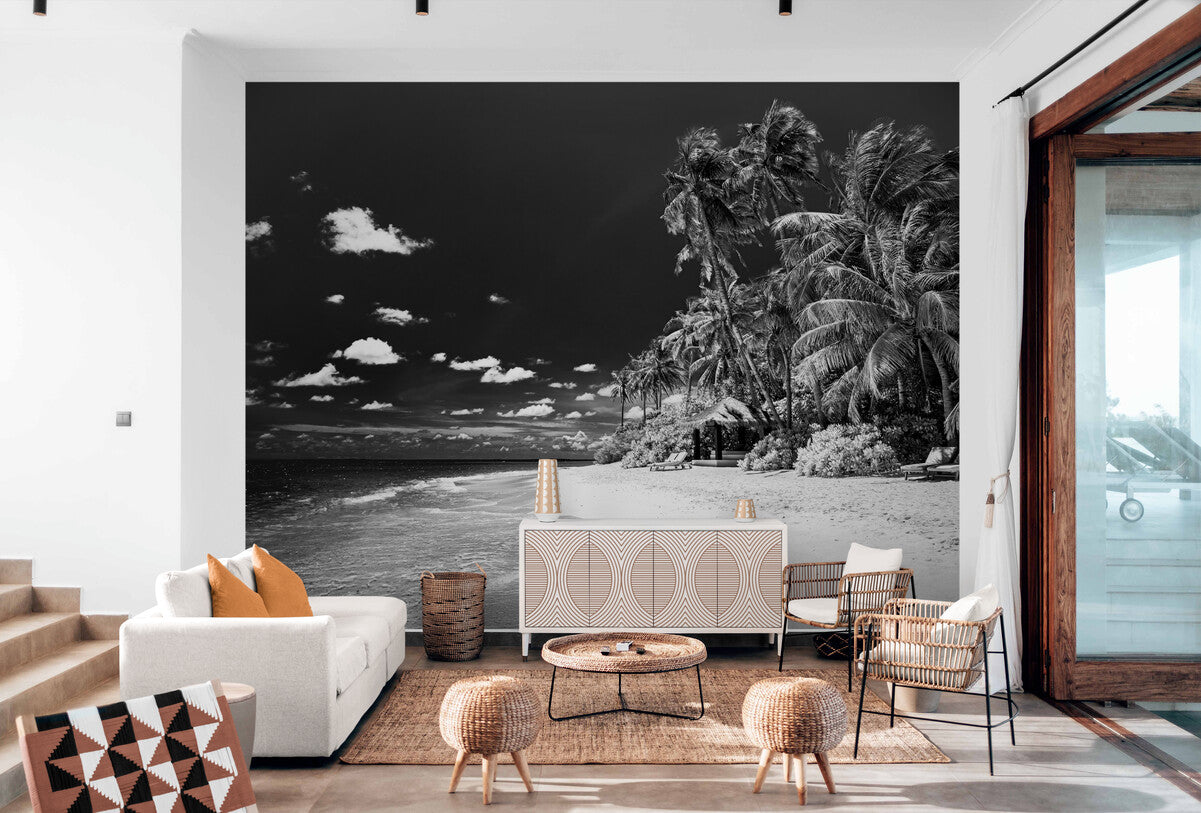 Black and White Wallpaper - Tropical Beach with Contrasting Sky