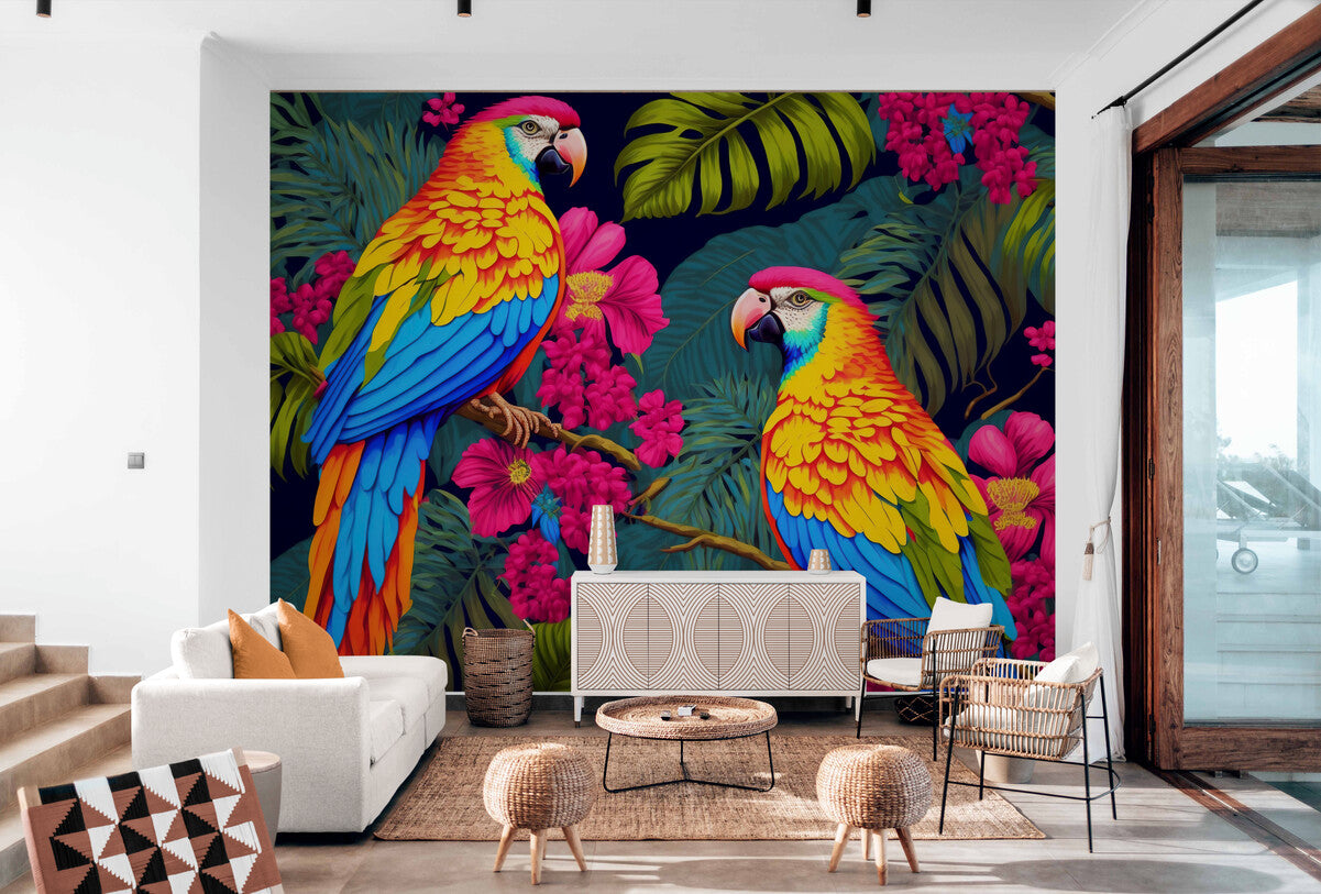 Tropical Wallpaper - Exotic Parrots and Flowers