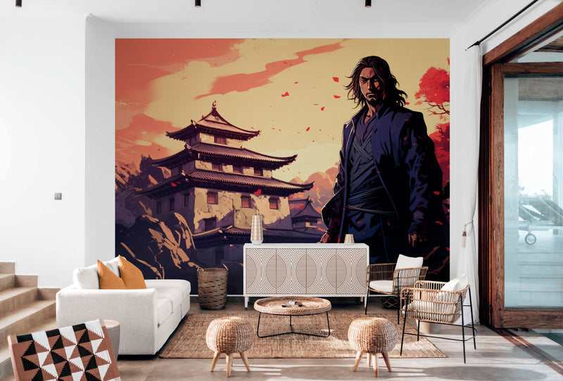 Papier Peint Japonais - Samouraï Et Temple