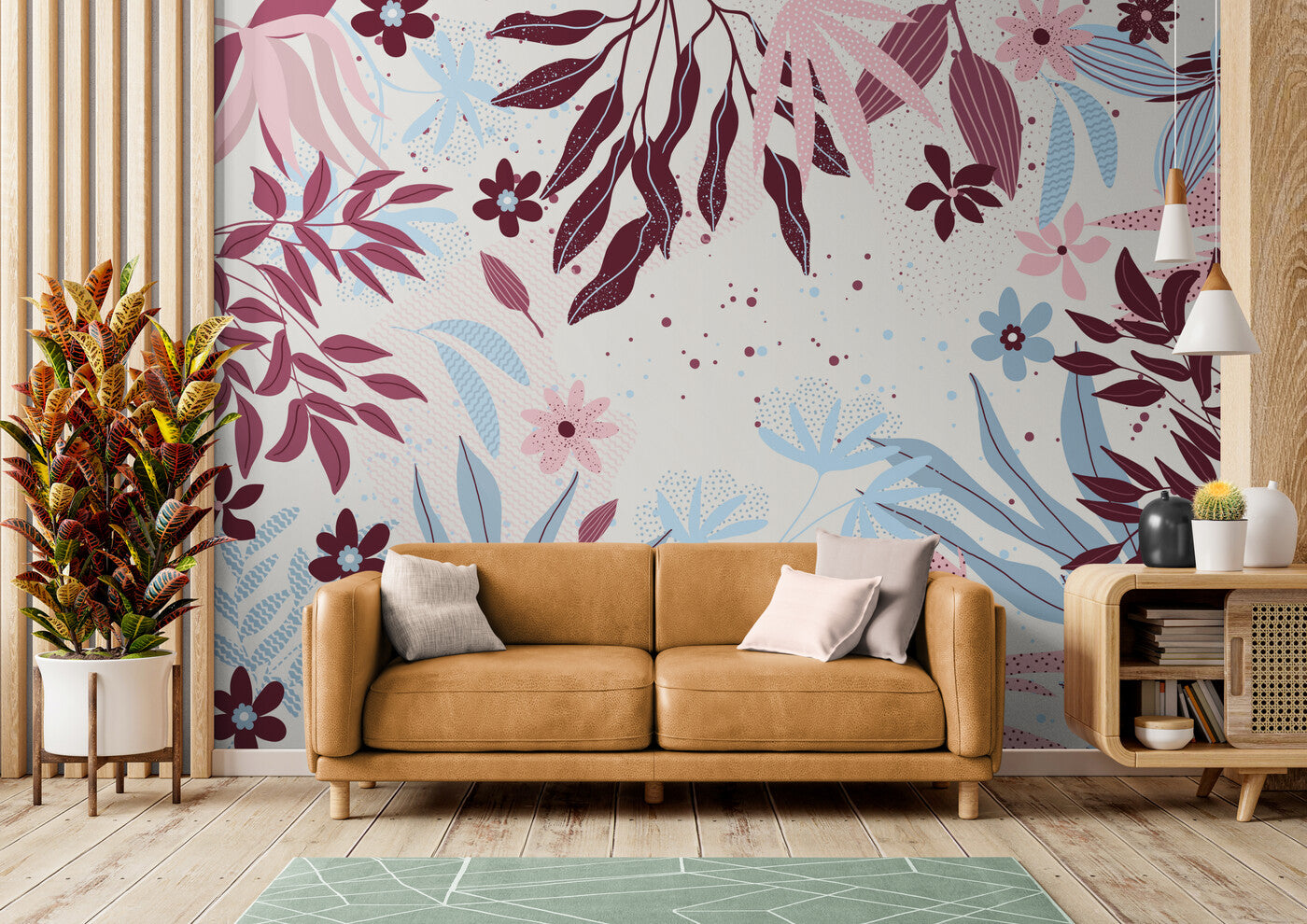 Papier Peint Floral - Fleurs et Feuilles en Douces Teintes Pastel