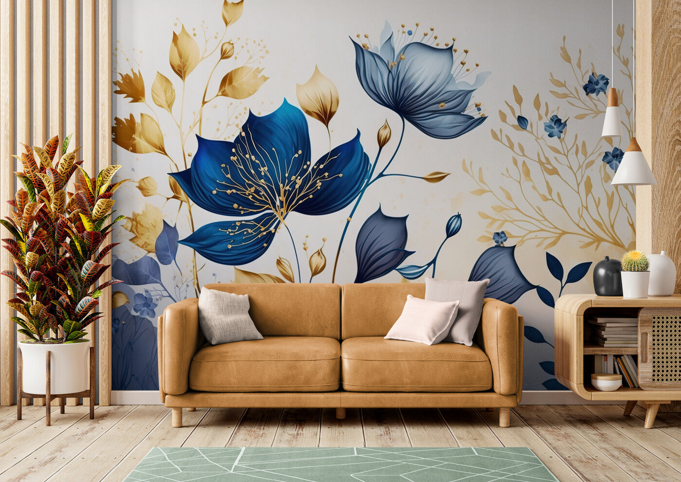 Art &amp; Deco Wallpaper - Gold and Blue Flowers