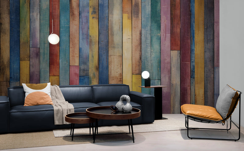 Papier Peint Imitation - Planches De Bois Multicolore