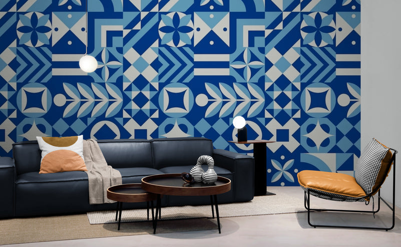 Papier Peint Vintage - Carreaux De Ciment Bleu