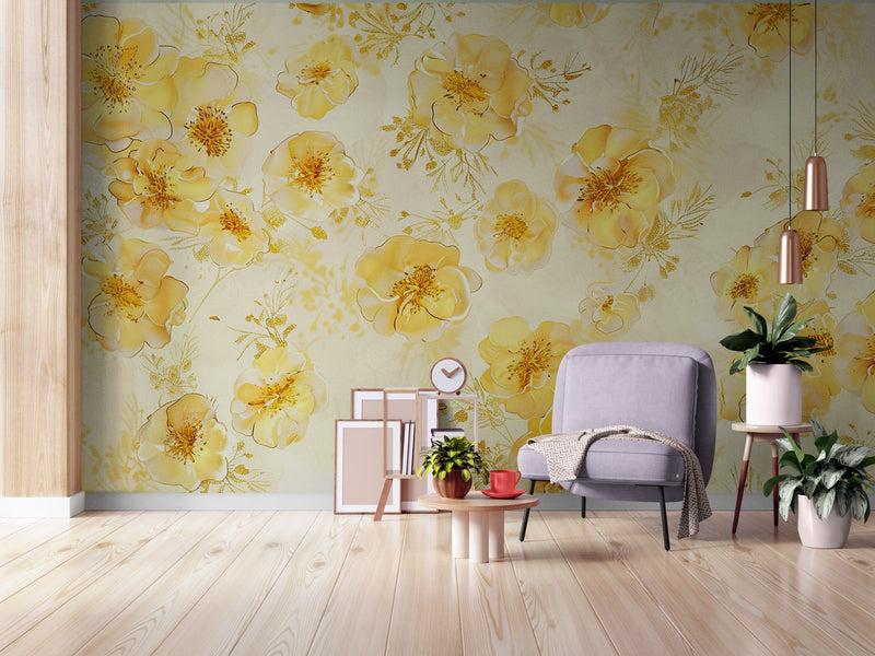 Papier Peint Vintage - Floral Jaune Éclatant
