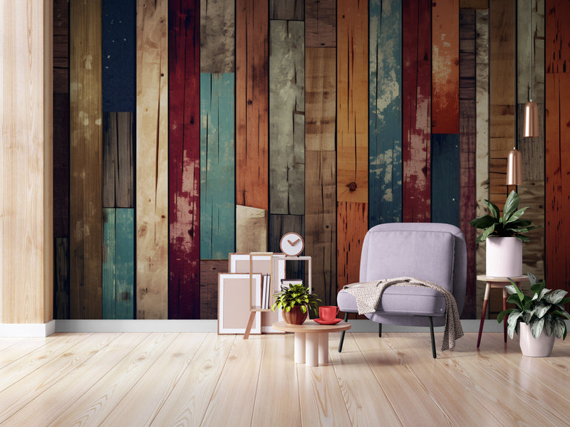 Papier Peint Vintage - Planches De Bois Colorées