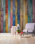 Papier Peint Imitation - Planches De Bois Multicolore