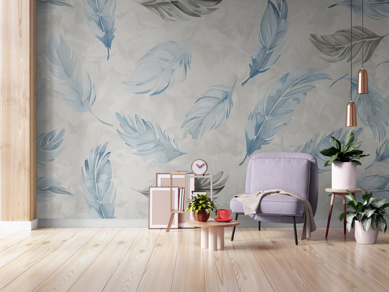 Papier Peint Vintage - Plume Bleue