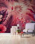 Papier Peint Vintage - Feuillage Tropical Rose