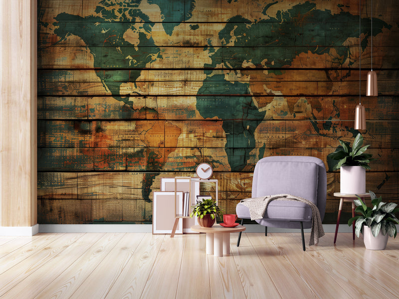 Papier Peint Voyageur - Carte Du Monde En Bois