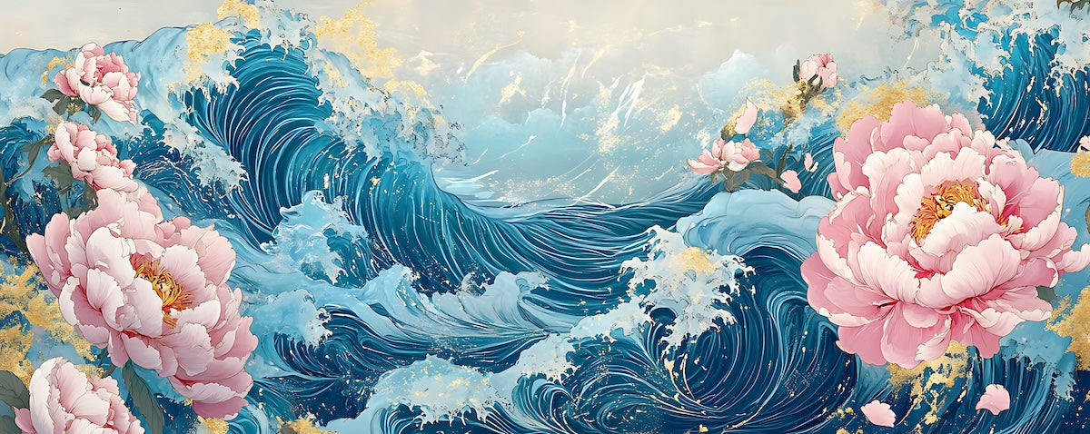 Papier peint nature - grande vague japonaise et pivoines roses