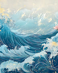 Papier peint nature - grande vague japonaise et pivoines roses