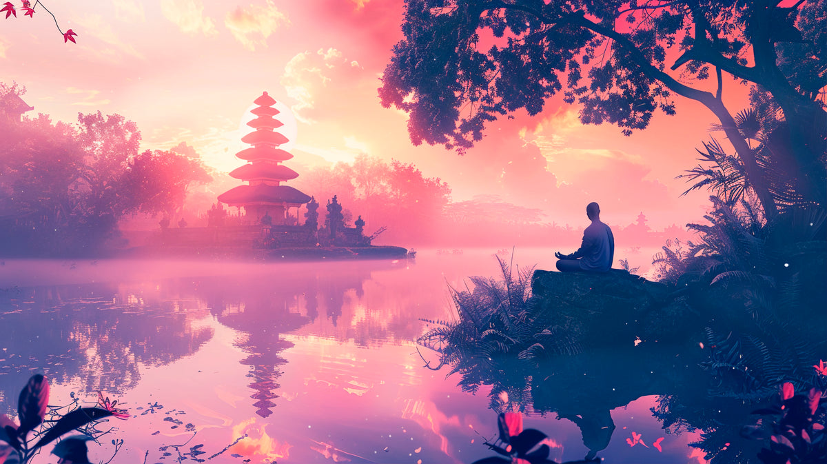 Papier peint asiatique - Pagode au bord d'un lac au coucher du soleil