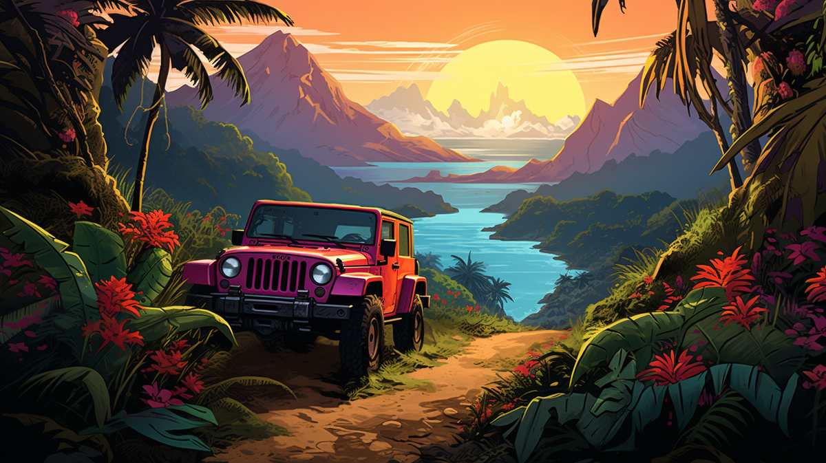 Papier peint aventure - 4x4 dans la jungle au coucher du soleil