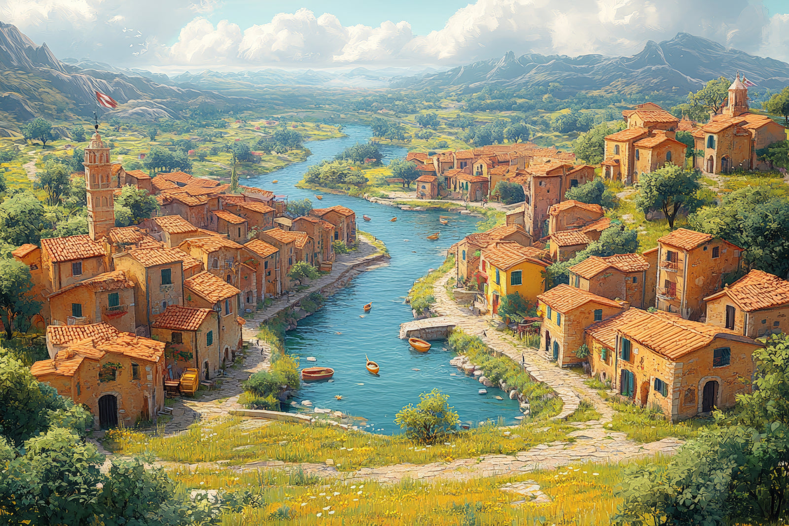 Papier peint Campagne – Rivière fleurie traversant un village