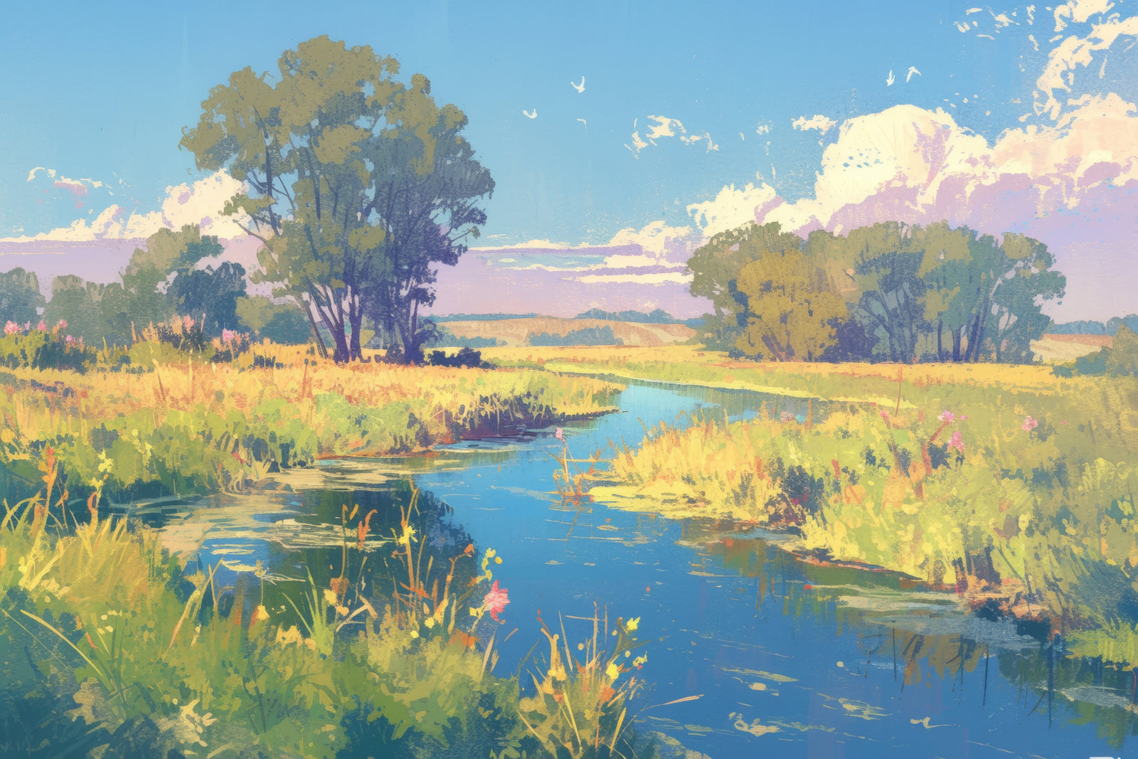 Art Wallpaper – River and Meadow Landscape Painting