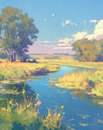Papier peint Art – Peinture paysage rivière et prairie