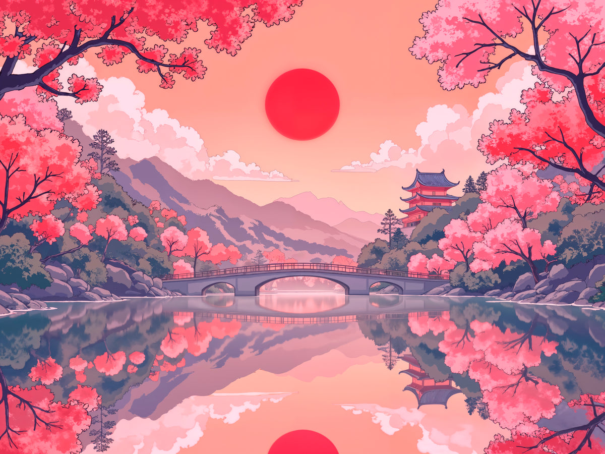 Papier peint japonais - Cerisiers et temple