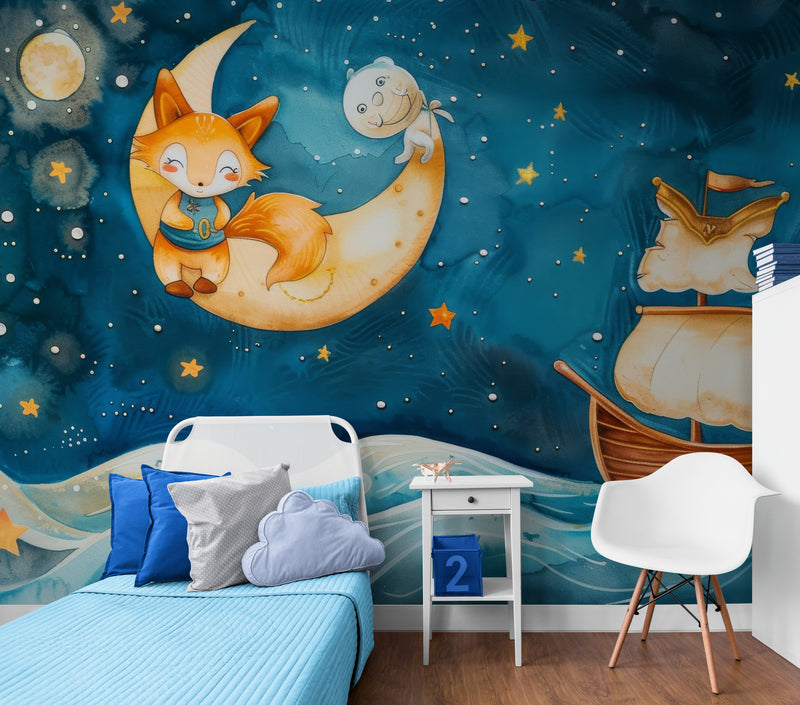 Papier Peint Enfant - Lune Et Animaux Magiques